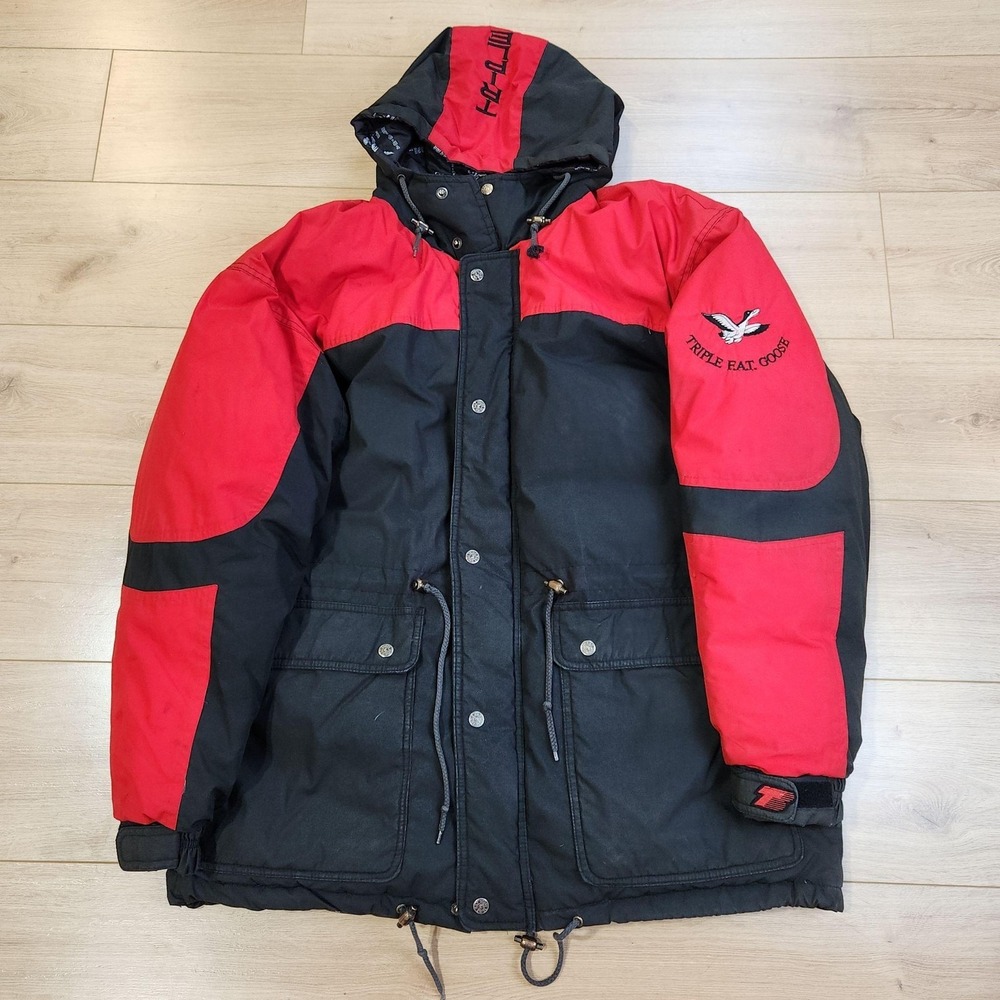 Vintage Triple F.A.T. Goose Expedition Parka Mens Large Black Red Down Puffer Co
